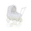Carrozzina in Rattan per le Bambole Bianca Blu Navy Pois Bianchi