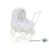 Carrozzina in Rattan per le Bambole Bianca Blu Navy Pois Bianchi