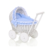 Carrozzina in Rattan per le Bambole Bianca Blu Pois Bianchi