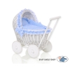 Carrozzina in Rattan per le Bambole Bianca Blu Pois Bianchi