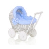 Carrozzina in Rattan per le Bambole Bianca Blu Pois Bianchi