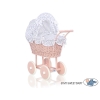 Carrozzina in Vimini con Biancheria per Bambole Bianca Blu Navy Pois Bianchi Rosa Cipria