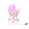 Carrozzina in Vimini con Biancheria per Bambole Rosa Bianca Pois Bianchi Rosa Scuro