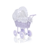 Carrozzina in Vimini con Cappottina per Bambole Bianca Blu Navy Lilla Pois Bianchi