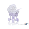 Carrozzina in Vimini con Cappottina per Bambole Bianca Blu Navy Lilla Pois Bianchi