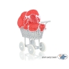 Carrozzina in Vimini con Cappottina per Bambole Grigio Rosso Pois Bianchi