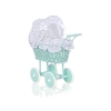 Carrozzina in Vimini con Cappottina per Bambole Menta Bianca Blu Navy Pois Bianchi