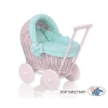 Carrozzina in Vimini con Cappottina per Bambole Menta Rosa Pois Bianchi