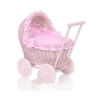 Carrozzina in Vimini con Cappottina per Bambole Rosa Pois Bianchi