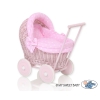 Carrozzina in Vimini con Cappottina per Bambole Rosa Pois Bianchi