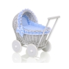 Carrozzina per Bambole Rattan Bianca Grigio Blu Pois Bianchi
