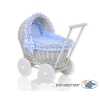 Carrozzina per Bambole Rattan Bianca Grigio Blu Pois Bianchi