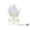 Carrozzina per Bambole Rattan Creme Bianca Blu Navy Pois Bianchi