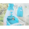 Completo Lenzuola Lettino con Baldacchino e Paracolpi 5 parti Turchese Pois Bianchi Cuori