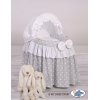 Culla per Bambole Vimini con Cappotta Bianca Grigio Pois Bianchi