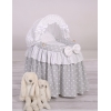 Culla per Bambole Vimini con Cappotta Bianca Grigio Pois Bianchi