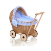 Passeggino per le Bambole Rattan Bianca Blu Pois Bianchi
