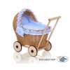 Passeggino per le Bambole Rattan Bianca Blu Pois Bianchi