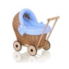 Passeggino per le Bambole Rattan Bianca Blu Pois Bianchi