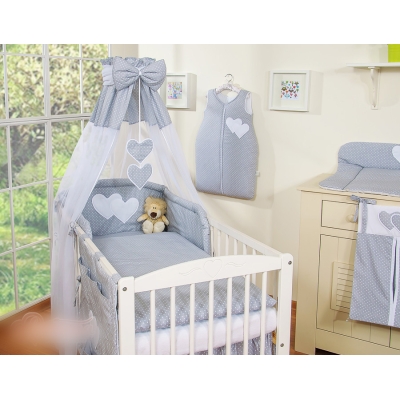 Baldacchino in Tulle per Culla Grigio Chiffon Pois Bianchi Cuori