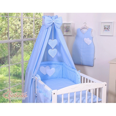 Biancheria con Baldacchino e Paracolpi Lettino Neonati 5 parti Blu Pois Bianchi Cuori
