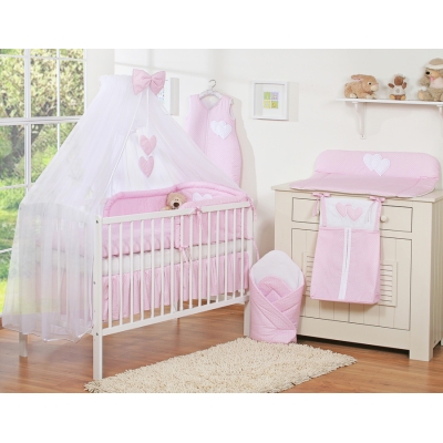 Biancheria da Lettino 7 parti con Zanzariera Rosa Pois Bianchi Cuori