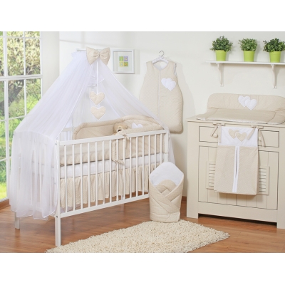 Biancheria Notte da Lettino con Paracolpi e Zanzariera 5 parti Beige Pois Bianchi Cuori