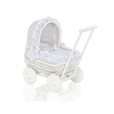 Carrozzina in Rattan per le Bambole Bianca Blu Navy Pois Bianchi
