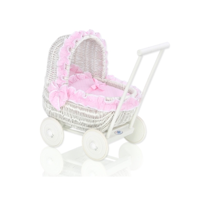 Carrozzina in Rattan per le Bambole Rosa Bianca Pois Bianchi