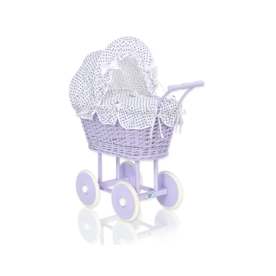 Carrozzina in Vimini con Cappottina per Bambole Bianca Blu Navy Lilla Pois Bianchi