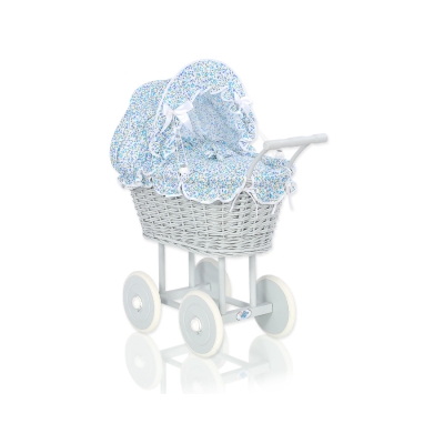 Carrozzina in Vimini con Cappottina per Bambole Blu Grigio Fiori Fiori