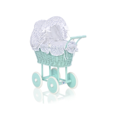 Carrozzina in Vimini con Cappottina per Bambole Menta Bianca Blu Navy Pois Bianchi