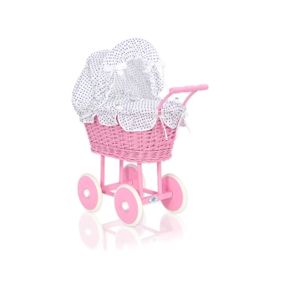 Carrozzina in Vimini con Cappottina per Bambole Rosa Bianca Blu Navy Pois Bianchi