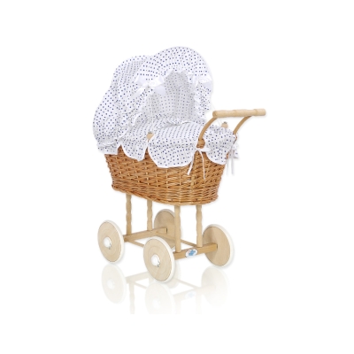 Carrozzina in Vimini per le Bambole Bianca Blu Navy Pois Bianchi