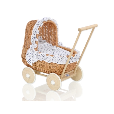 Carrozzina in Vimini Vintage Bambole Bianca Blu Navy Pois Bianchi