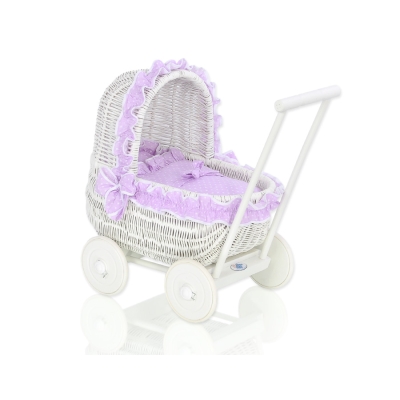 Carrozzina in Vimini Vintage Bambole Bianca Lilla Pois Bianchi