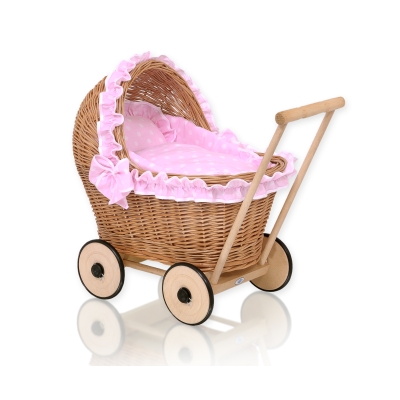Carrozzina in Vimini Vintage Bambole Rosa Pois Bianchi