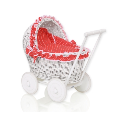 Carrozzina in Vimini Vintage Bambole Rosso Pois Bianchi