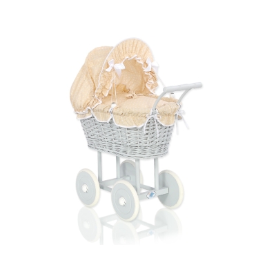 Carrozzina per Bambole Rattan Bianca Grigio Beige Pois Bianchi