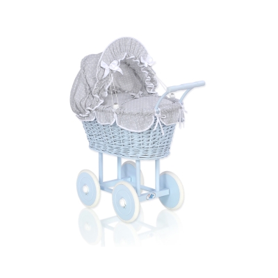 Carrozzina per Bambole Rattan Bianca Grigio Blu Pois Bianchi