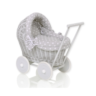 Carrozzina per Bambole Rattan Bianca Grigio Pois Bianchi