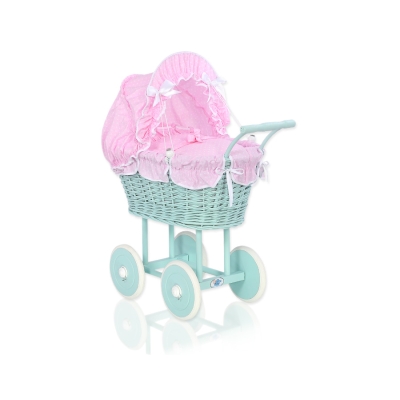 Carrozzina per Bambole Rattan Biancheria Menta Rosa Bianca Pois Bianchi