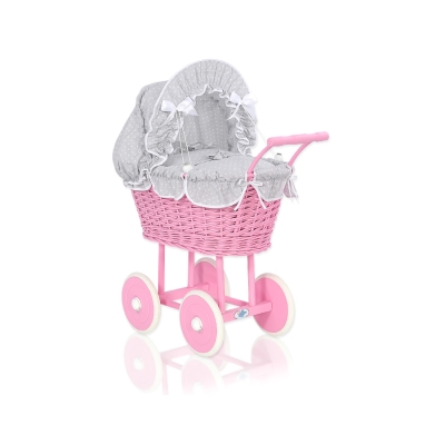 Carrozzina per Bambole Rattan Biancheria Rosa Bianca Grigio Pois Bianchi