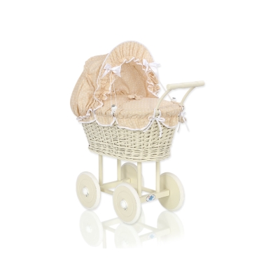 Carrozzina per Bambole Rattan Creme Bianca Beige Pois Bianchi