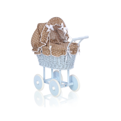 Carrozzina per Bambole Rattan Marrone Blu Pois Bianchi