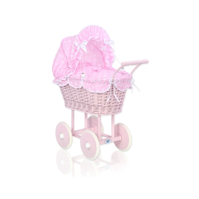 Carrozzina per Bambole Rattan Rosa Pois Bianchi Rosa Scuro