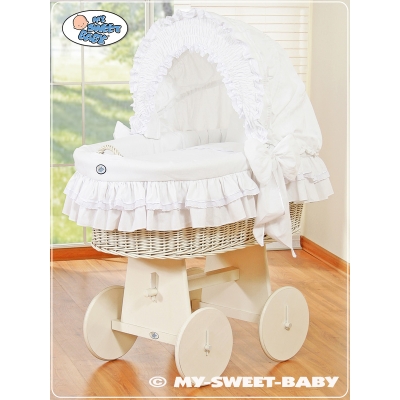 Culla con Cappottina Ruote Biancheria Set Bianca Canna da Pesca