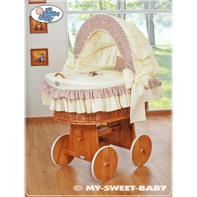 Culla con Cappottina Ruote Biancheria Set Marrone Nastro