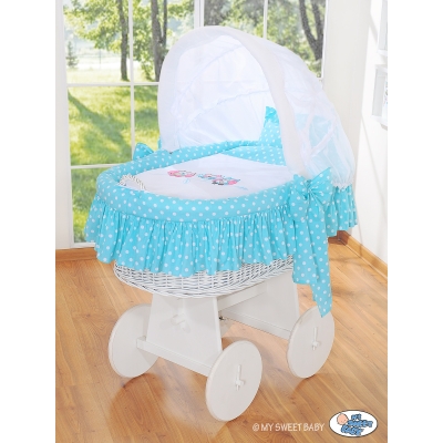 Culla in Vimini con Cappottina e Ruote Turchese Gufi