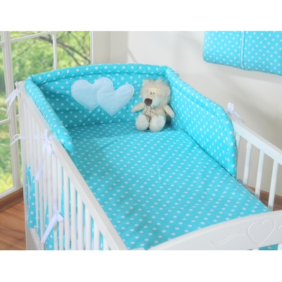 Lenzuola per Lettino Neonato 2 parti Turchese Pois Bianchi Cuori